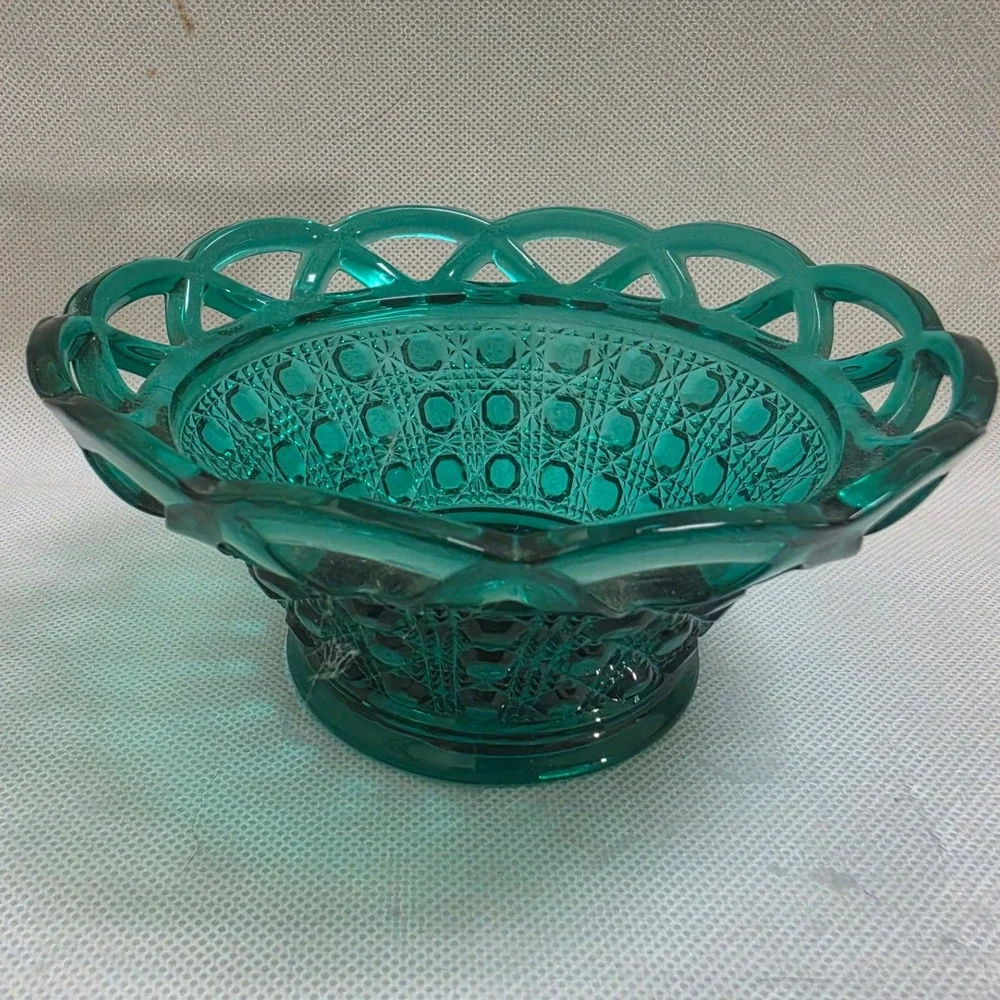 Imperial Glass Teal Green Open Lace Edge Button and Cane Footed Bowl